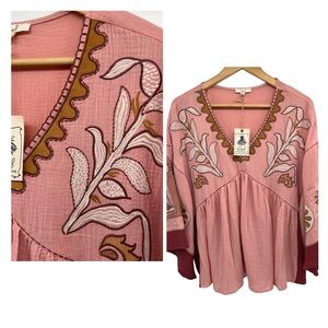 Easel Mauve Embroidered V-Neck Blouse